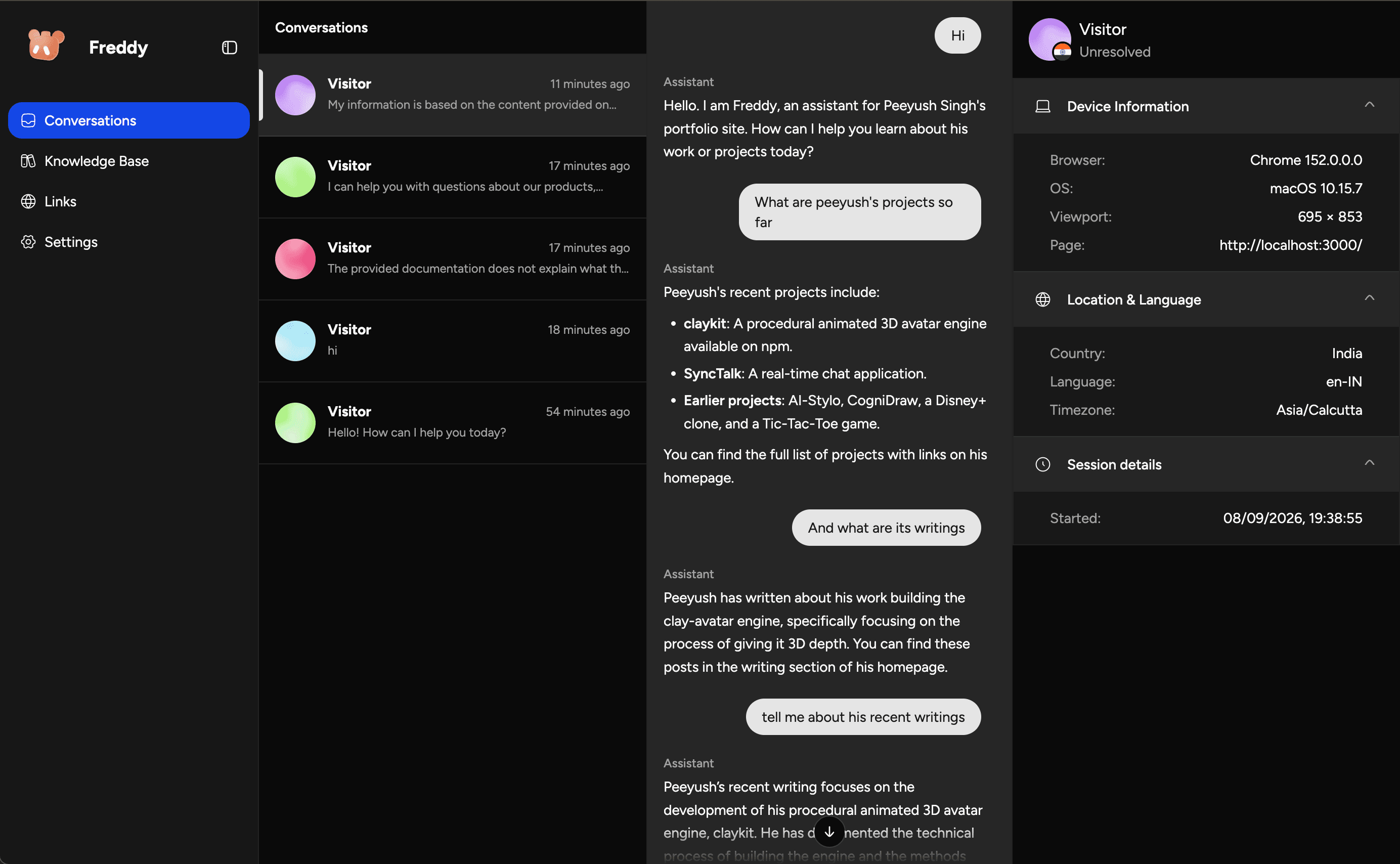 The Freddy operator dashboard's Conversations view, showing a visitor's session, transcript, device and location alongside a list of recent conversations.